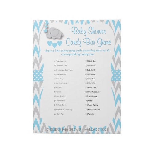 Sweet Blue  Gray Elephant Baby Shower _ Game 2 Notepad