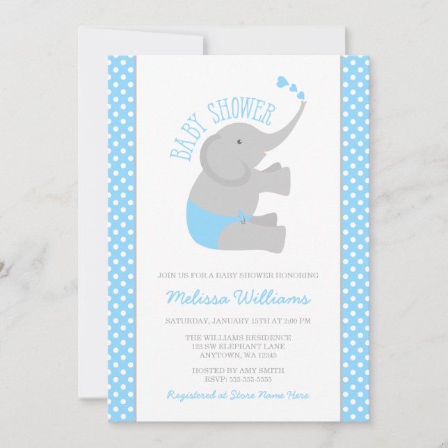 Sweet Blue Gray Elephant Baby Shower Invitations (Front)