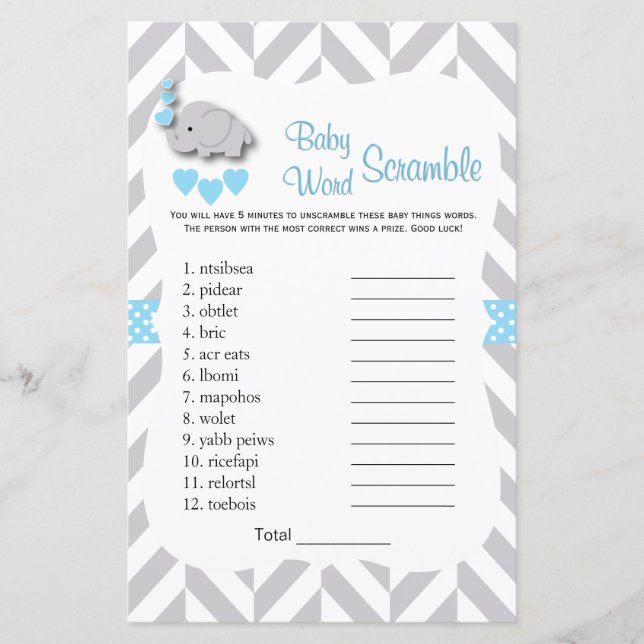 Sweet Blue & Gray Elephant Baby Shower - Word Game (Front)
