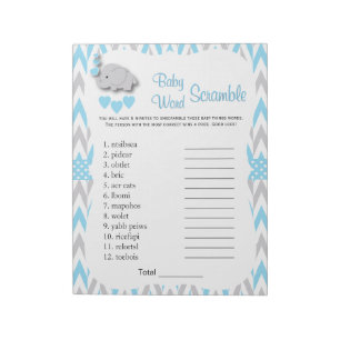 Sweet Blue & Gray Elephant Baby Shower Word Game 2 Notepad