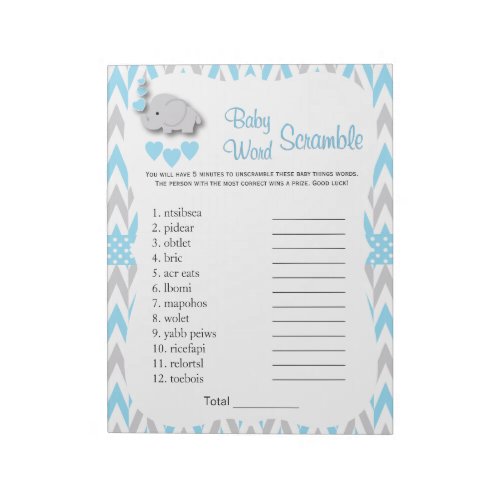 Sweet Blue  Gray Elephant Baby Shower Word Game 2 Notepad