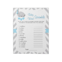 Sweet Blue & Gray Elephant Baby Shower Word Game Notepad