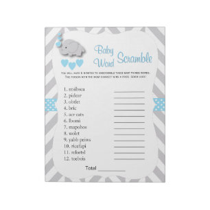 Sweet Blue & Gray Elephant Baby Shower Word Game Notepad