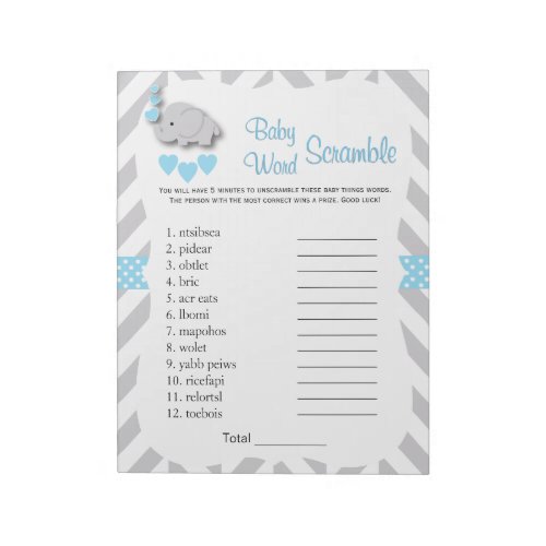 Sweet Blue  Gray Elephant Baby Shower Word Game Notepad