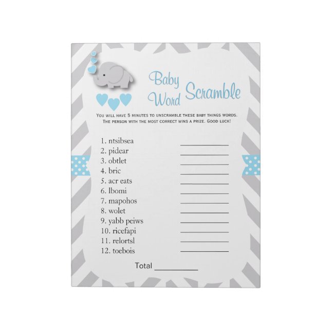 Sweet Blue & Gray Elephant Baby Shower Word Game Notepad (Rotated)