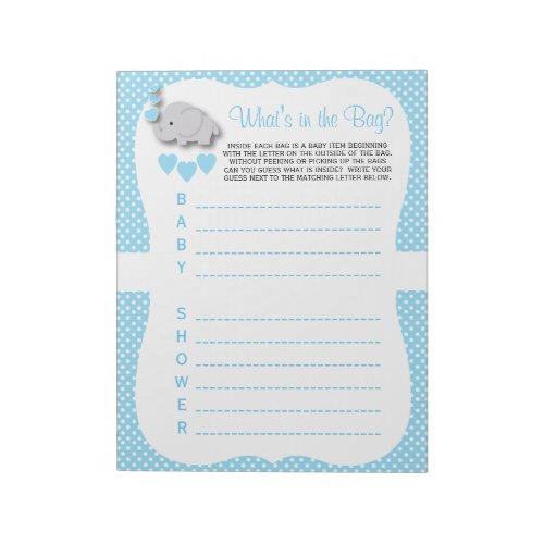 Sweet Blue  Gray Elephant Baby Whats in the Bag Notepad