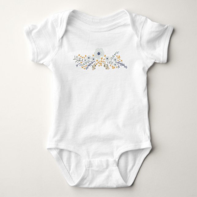 Sweet Blue Gray Yellow Botanical Flowers Baby Bodysuit (Front)