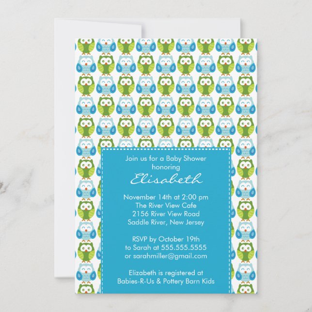 Sweet Blue Green Owls Boy Baby Shower Invitation (Front)