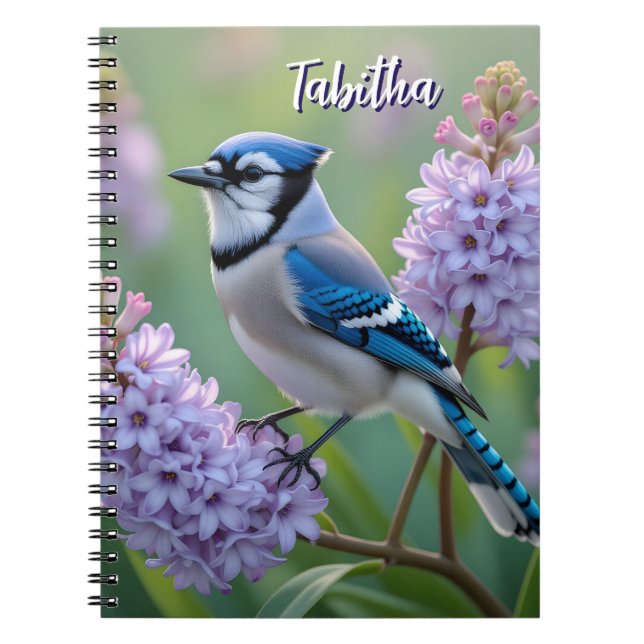 Sweet Blue Jay on Lilacs Personalized Notebook (Front)