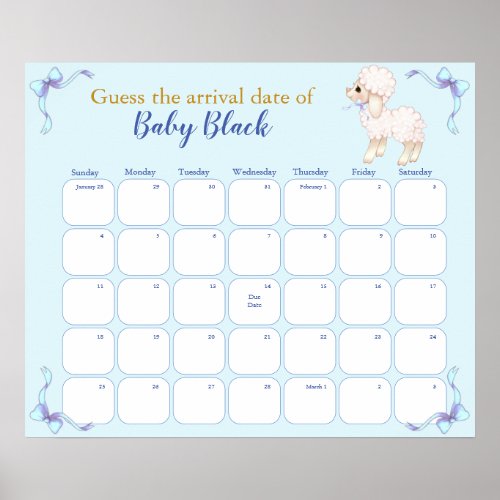 Sweet Blue Lamb Baby Shower Due Date Calendar Poster