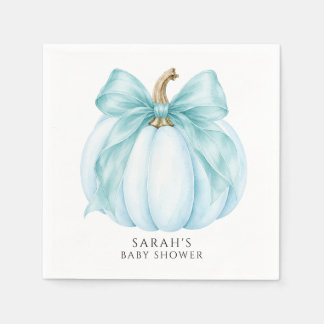 Sweet Blue Little Pumpkin & Bow Baby Shower Napkins