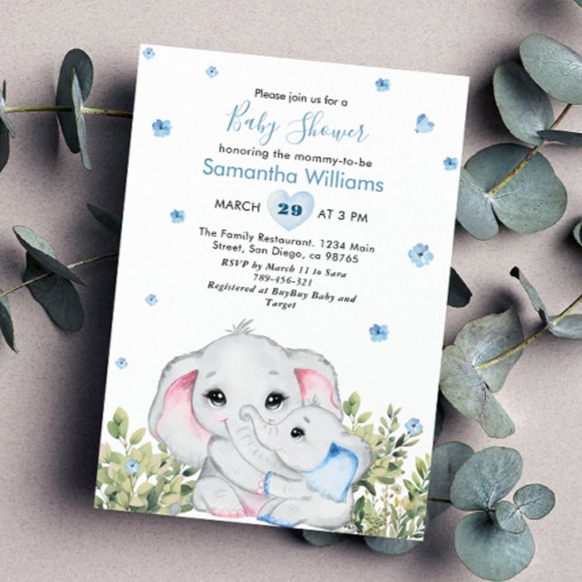 Sweet Blue Mommy Baby Elephant Baby Shower Invitation (Creator Uploaded)