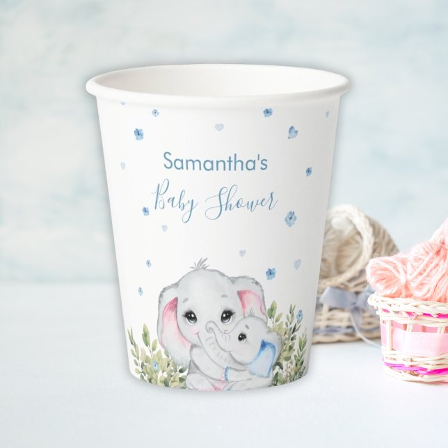 Sweet Blue Mommy Baby Elephant Floral Baby Shower Paper Cups (Creator Uploaded)