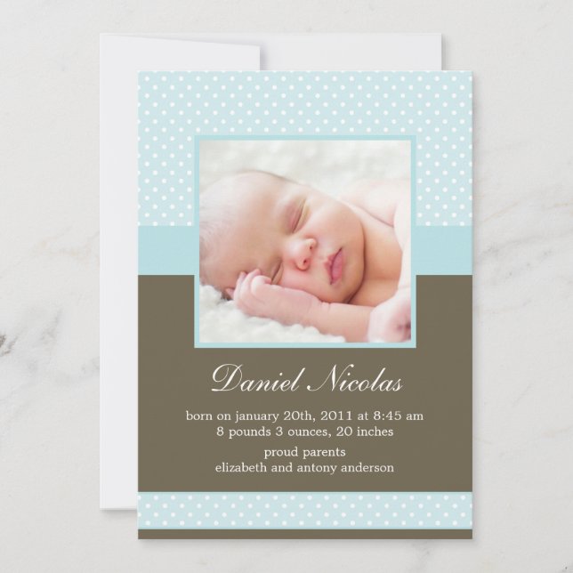 Sweet Blue Polka Dots Photo Baby Birth Announcement (Front)