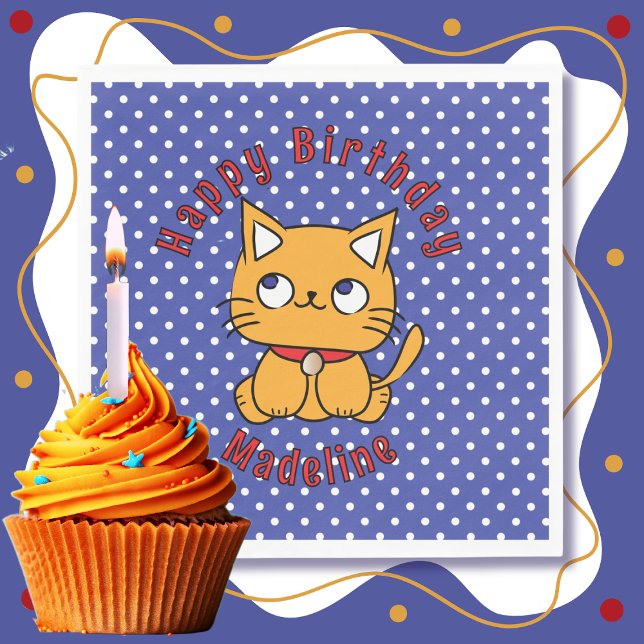 Sweet Blue Red Orange Cat Cartoon Birthday Party Napkins (Creator Uploaded)