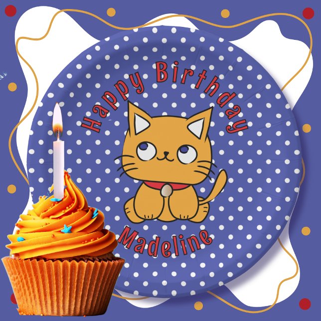Sweet Blue Red Orange Cat Cartoon Birthday Party Paper Plates (Creator Uploaded)