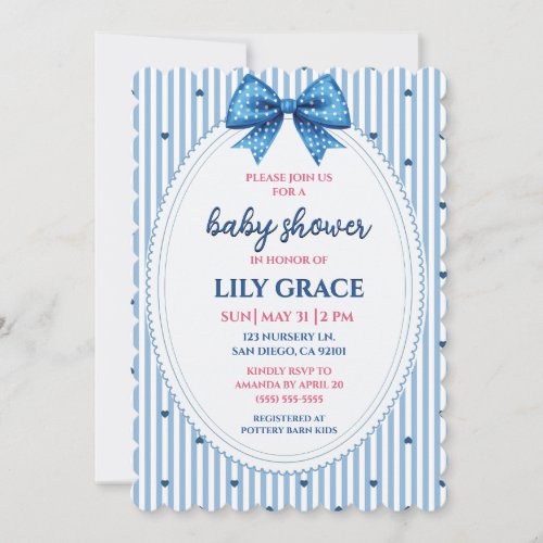 Sweet Blue Ribbon & Hearts Baby Shower Invitation