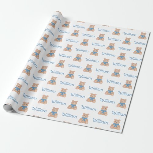  Sweet Blue Teddy Bear Bow Tie Baby Shower Wrapping Paper