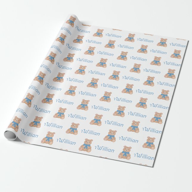  Sweet Blue Teddy Bear Bow Tie Baby Shower Wrapping Paper (Unrolled)