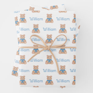 Sweet Blue Teddy Bear with Bow Baby Shower Wrapping Paper Sheets