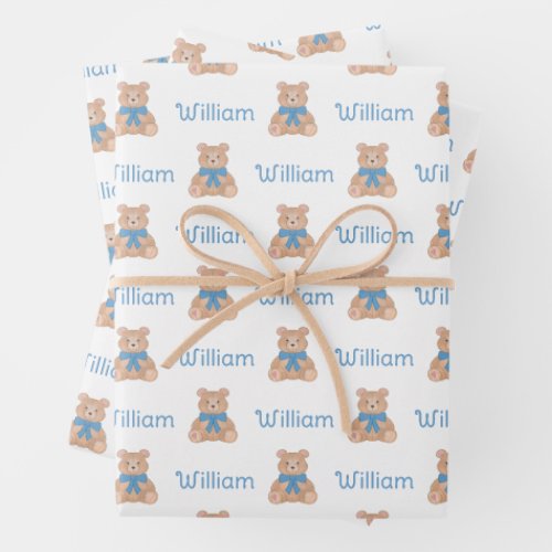 Sweet Blue Teddy Bear with Bow Baby Shower Wrapping Paper Sheets