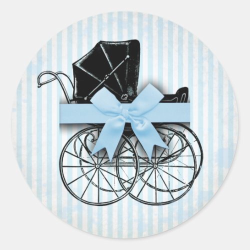 Sweet Blue Vintage Baby Carriage Pram and Bow Classic Round Sticker