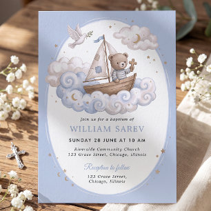 Sweet Blue Watercolor Bear Baptism Invite