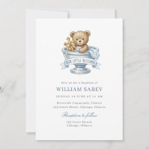 Sweet Blue Watercolor Teddy Bear Baptism Invitation