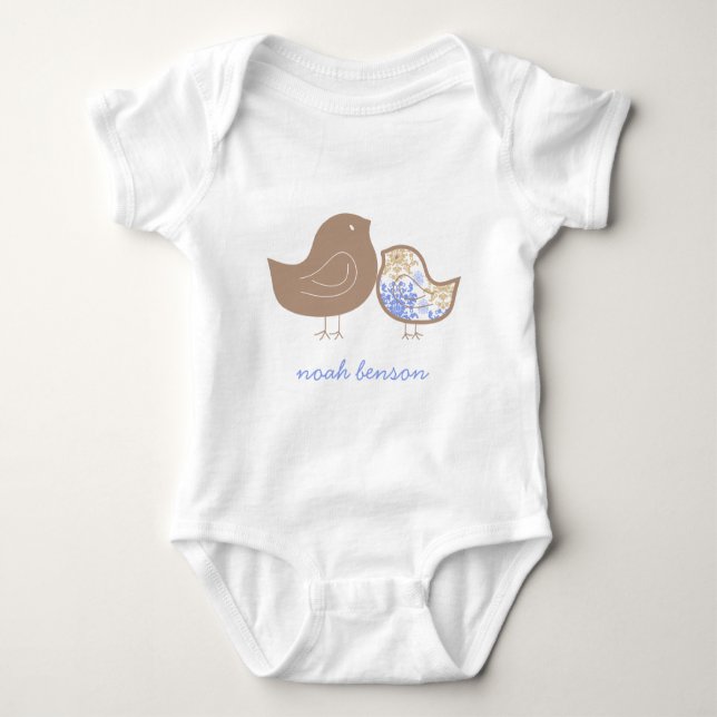 Sweet Blue Whimsical Cute Damask Chicks T-shirt Baby Bodysuit (Front)
