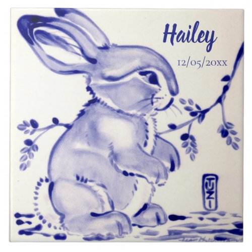 Sweet Blue  White Baby Bunny Tile Personalized