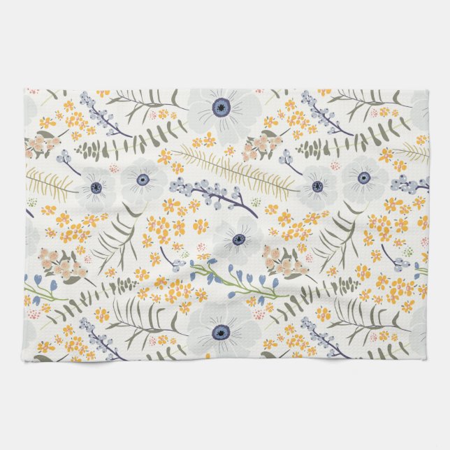 Sweet Blue Yellow Botanical Flowers Kitchen Towel (Horizontal)