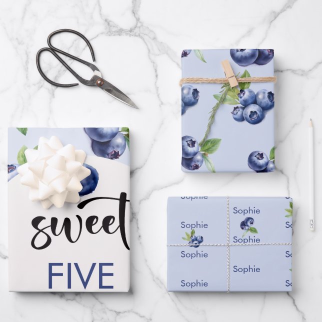Sweet blueberries kids birthday wrapping paper sheets (Front)