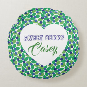 Sweet Blueberries Modern Pattern Blue Green. Round Pillow