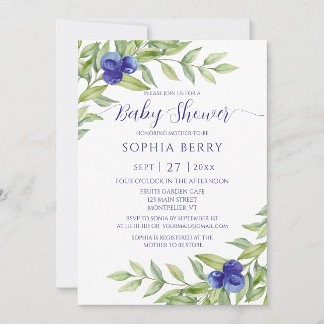 Sweet Blueberry Elegant Baby Shower Invitation (Front)