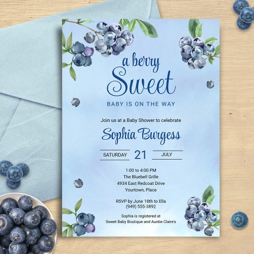 Sweet Blueberry Watercolor Baby Shower  Invitation