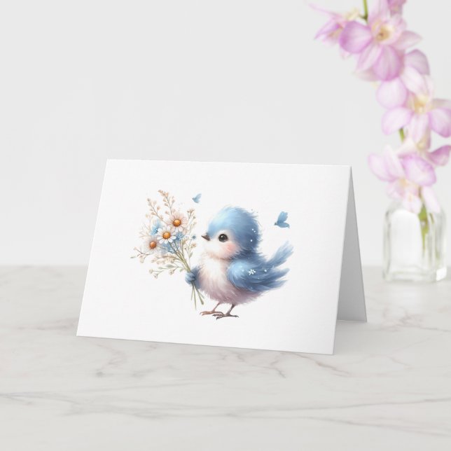 Sweet Bluebird with Daisy Bouquet All-Occasion Card (Orchid)