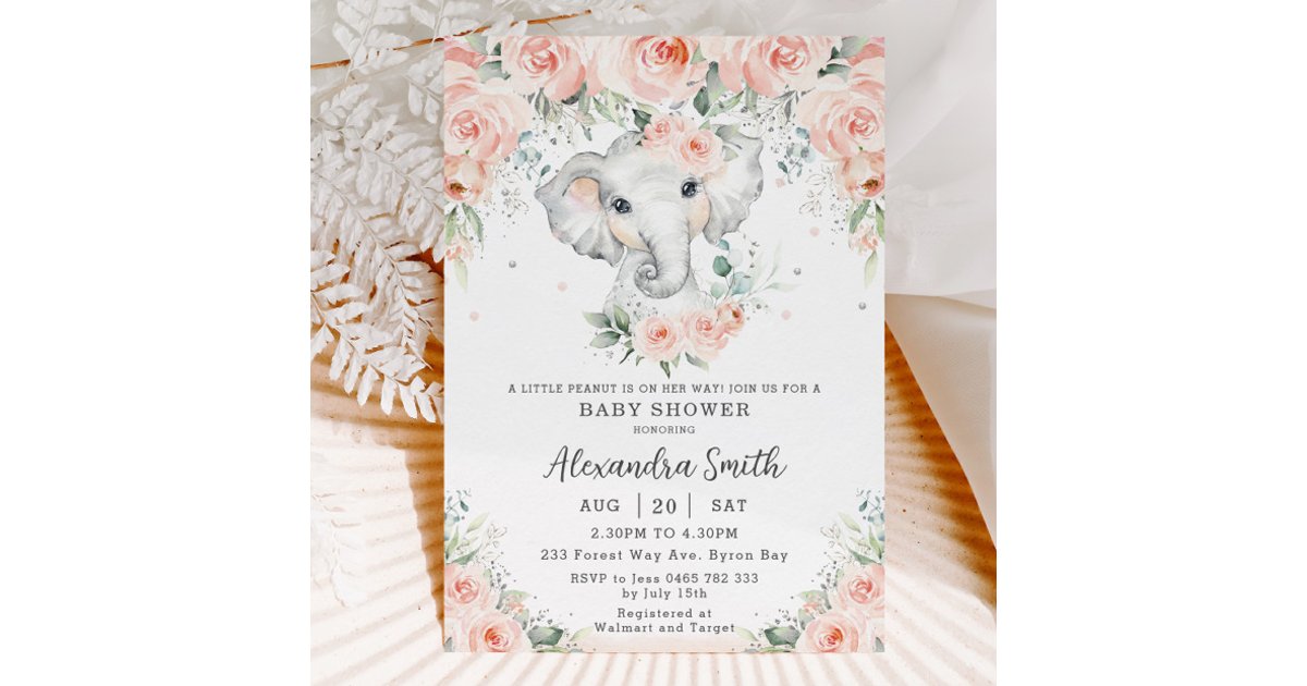 Sweet Blush Floral Adorable Elephant Baby Shower Invitation | Zazzle