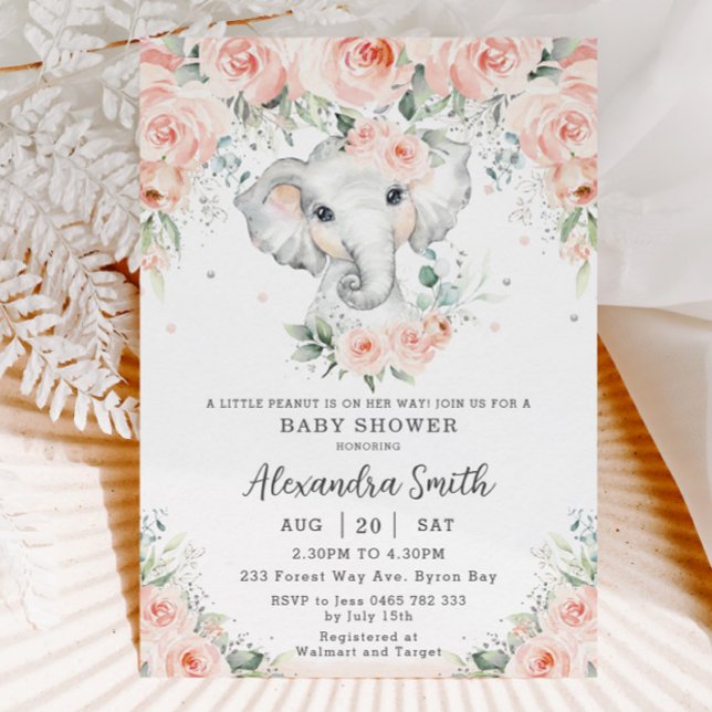 Sweet Blush Floral Adorable Elephant Baby Shower Invitation (Creator Uploaded)