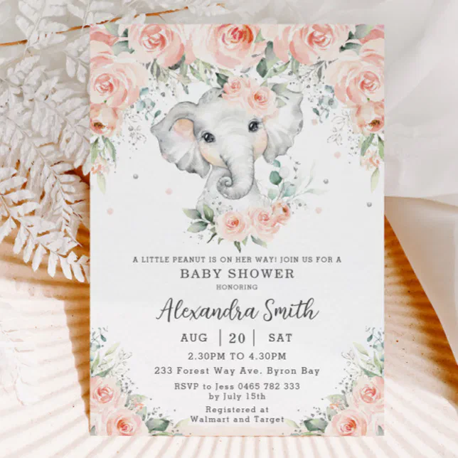 Sweet Blush Floral Adorable Elephant Baby Shower Invitation | Zazzle