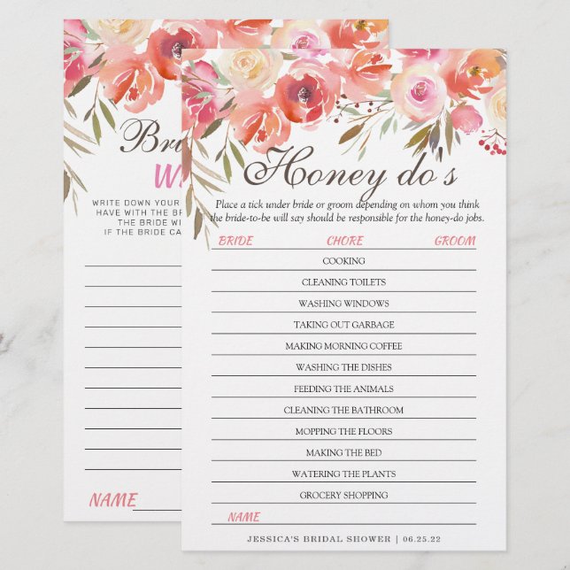 Sweet Blush Floral Double-Sided Bridal Shower Game (Front/Back)