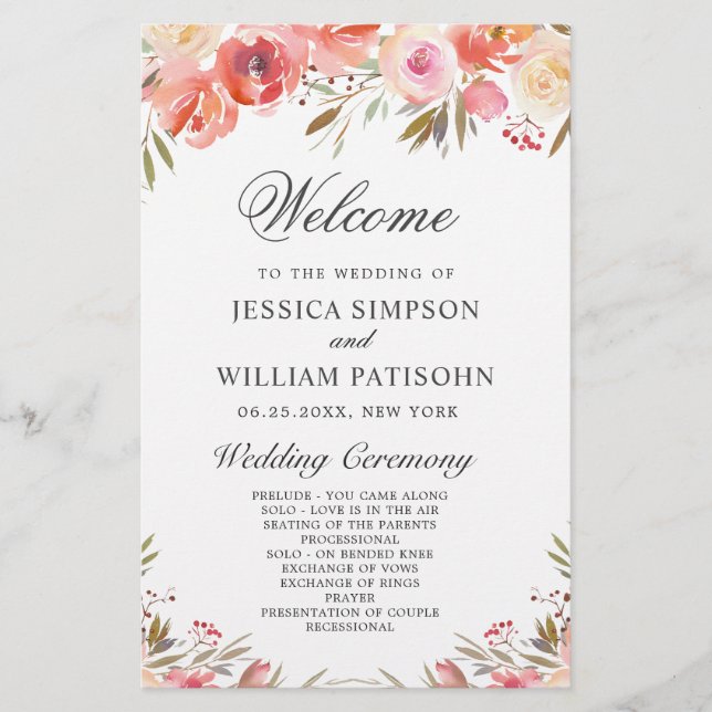 Sweet Blush Floral Floral Wedding Ceremony Program (Front)