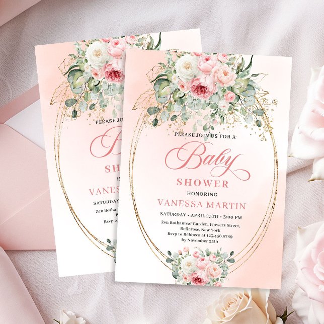 Sweet Blush Floral Gold Girl Baby Shower Party  Invitation (Sweet Blush Floral Gold Girl Baby Shower Party Invite)