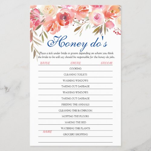 Sweet Blush Floral Honey Dos Bridal Game Flyer