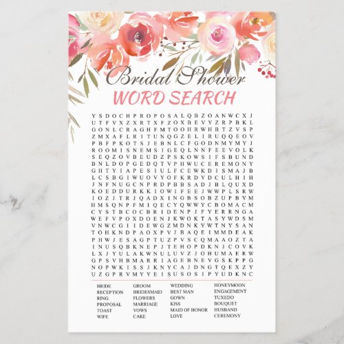 Sweet Blush Floral Watercolor Bridal Game Flyer