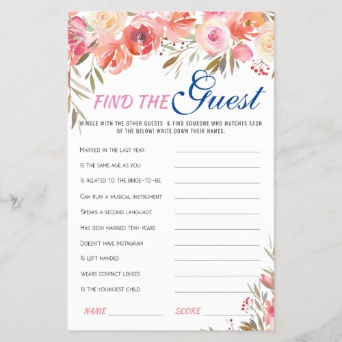 Sweet Blush Floral Watercolor Bridal Game Flyer