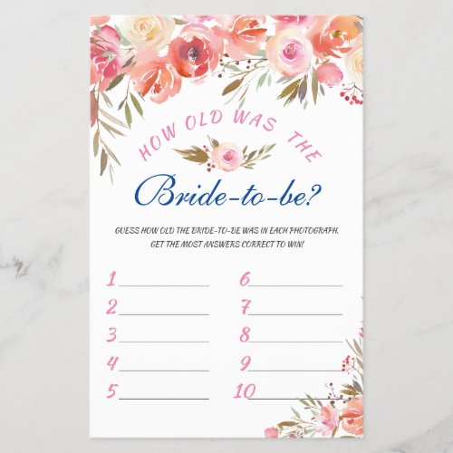 Sweet Blush Floral Watercolor Bridal Game Flyer