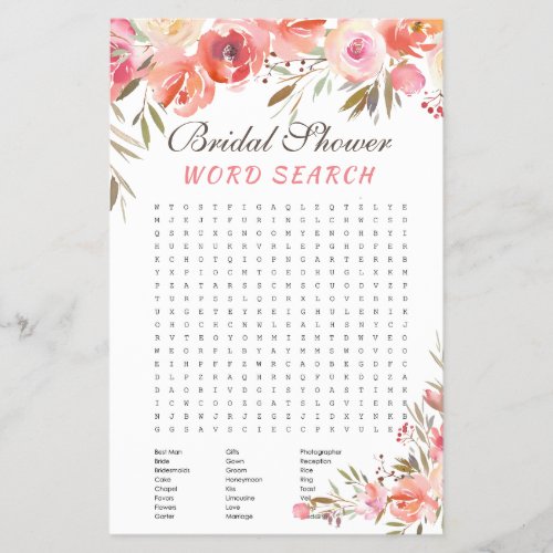 Sweet Blush Floral Watercolor Bridal Game Flyer