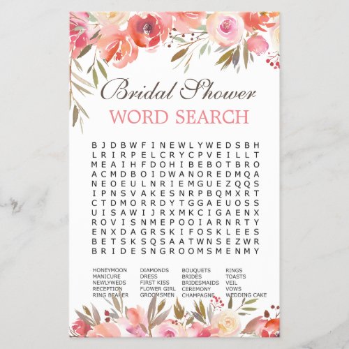 Sweet Blush Floral Watercolor Bridal Game Flyer