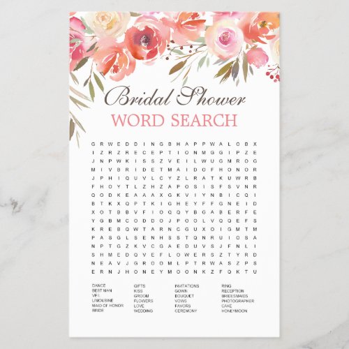 Sweet Blush Floral Watercolor Bridal Game Flyer