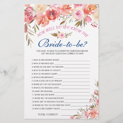 Sweet Blush Floral Watercolor Bridal Shower Game